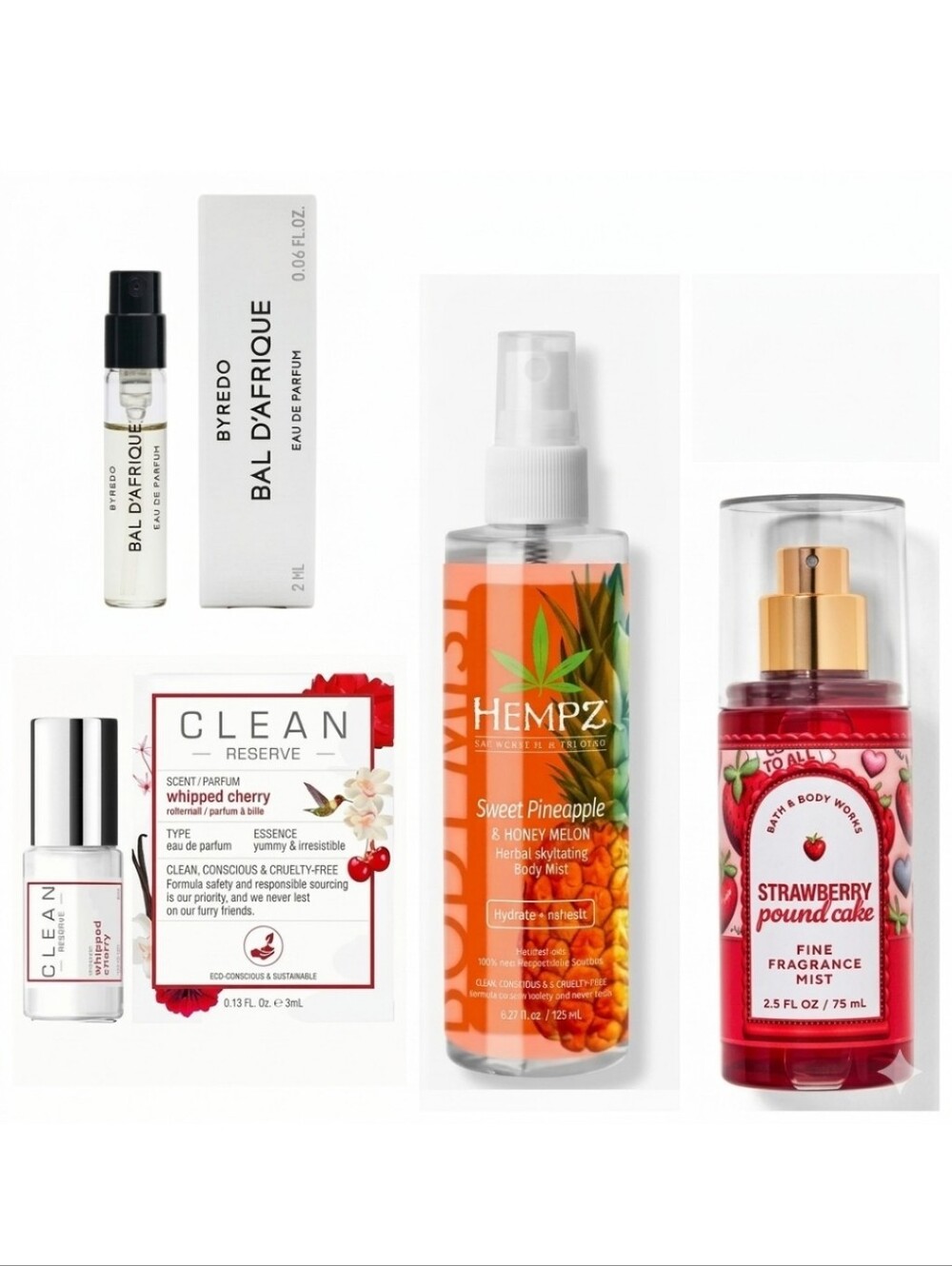 Byredo, Clean, Hempz, Bath and body works.